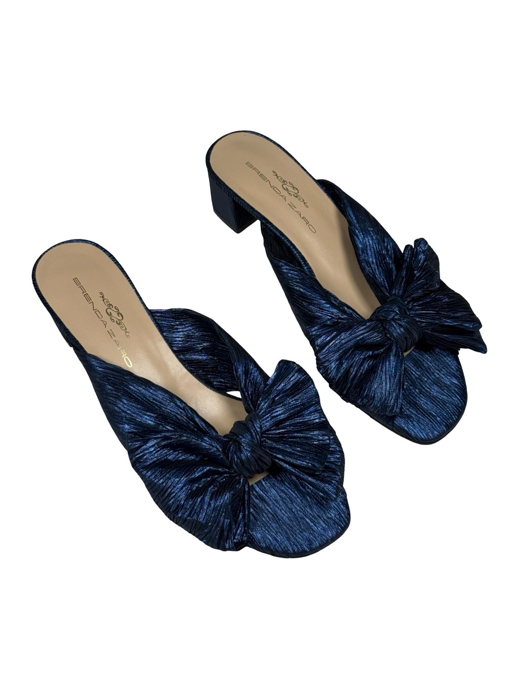 Brenda Zaro Women Eu39 US 8.5 Navy Blue Bow Mule Block Heel Sandals Party Resort